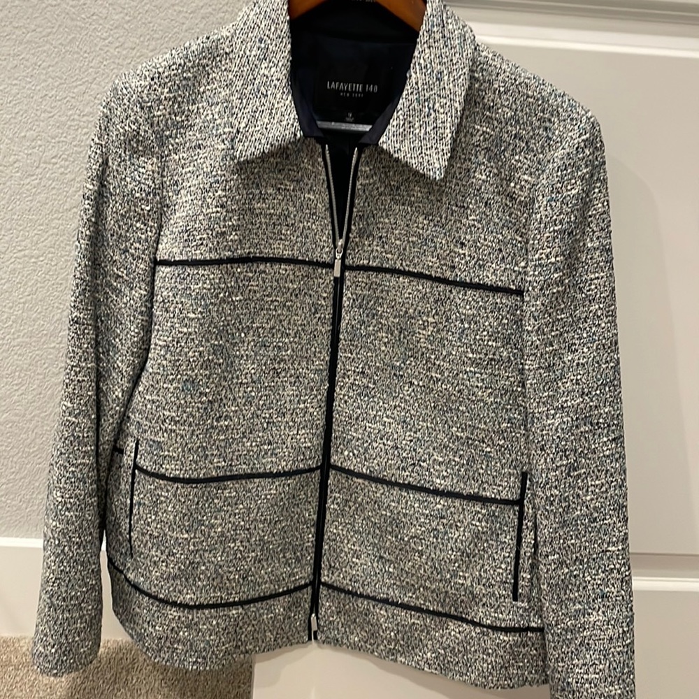 Lafayette 148 Tweed zip blazer.  White, blue and teal tweed